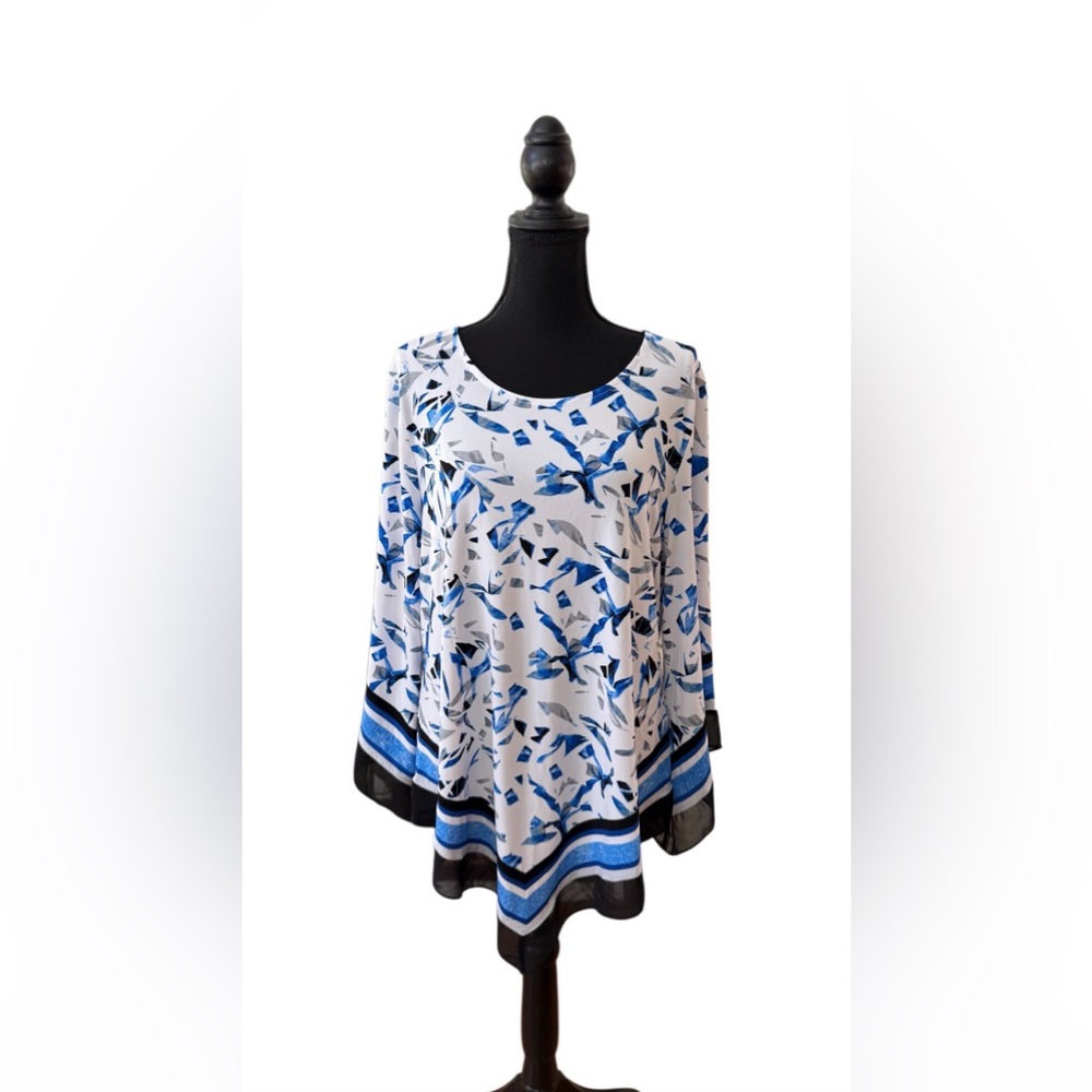 Alfani Blue and White Patterned Tunic Top with Flared Tapered Sleeves